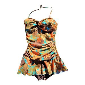 Beach Bay Tropical Floral Halter Swimdress Brown Orange Turquoise Size 14